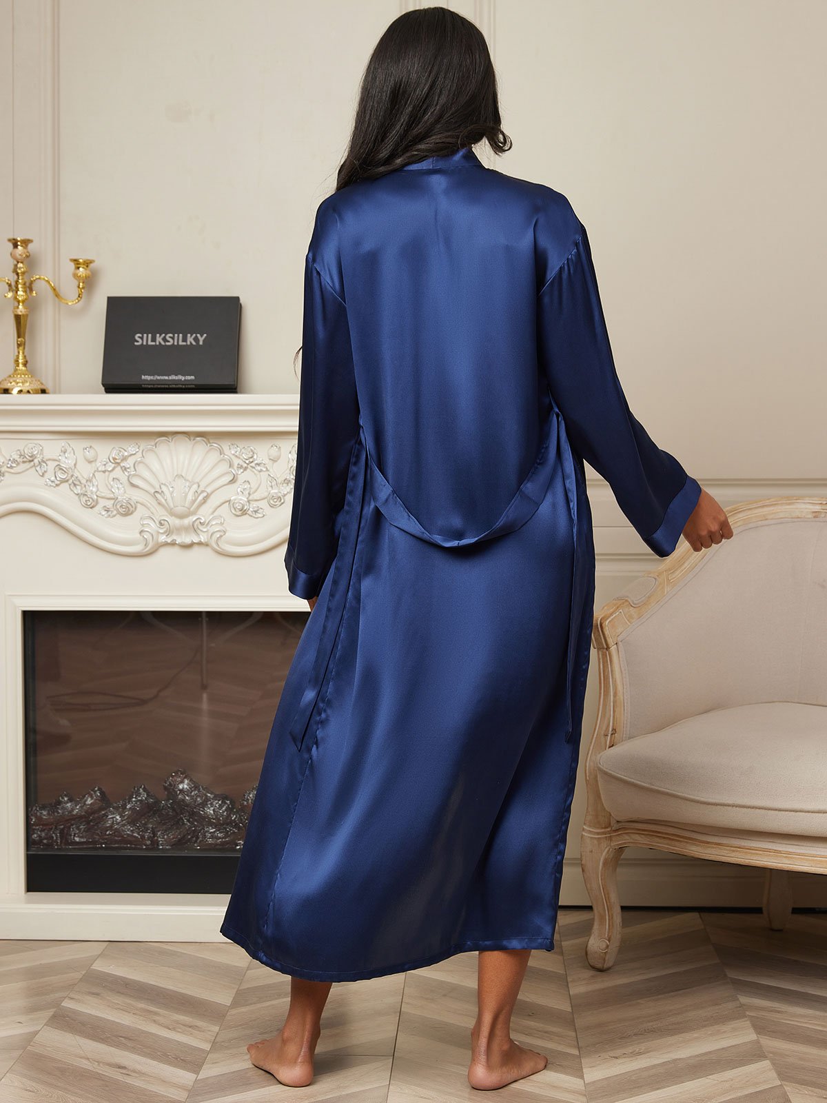 Women's Pure Silk Long Sleeve Midi Wrap Dressing Gown