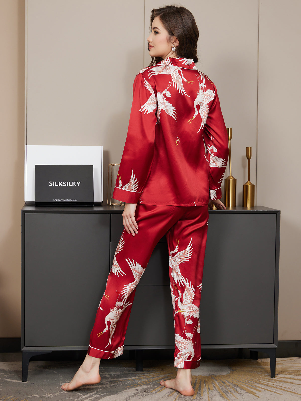 19Momme Women's Pure Silk Crane Print Long Sleeve Pyjamas Set