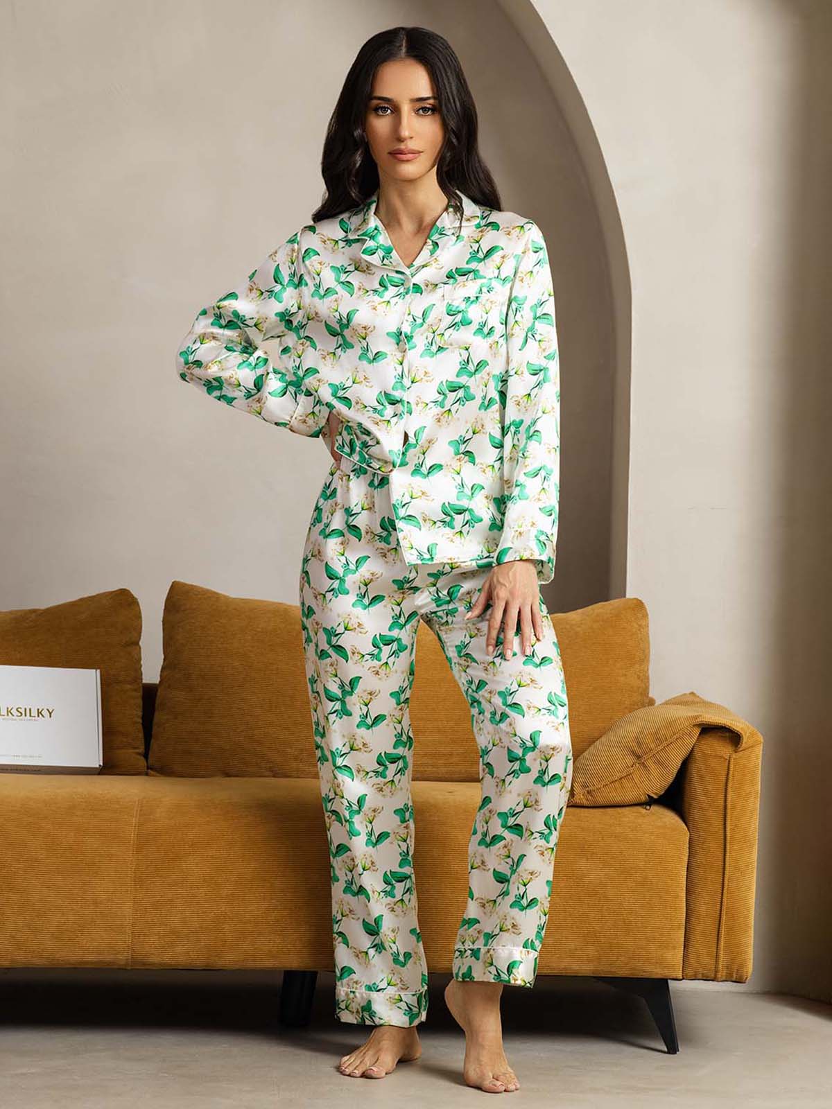 Women's Pure Silk Green Floral Print Long Sleeve Notch Collar Pajamas Set