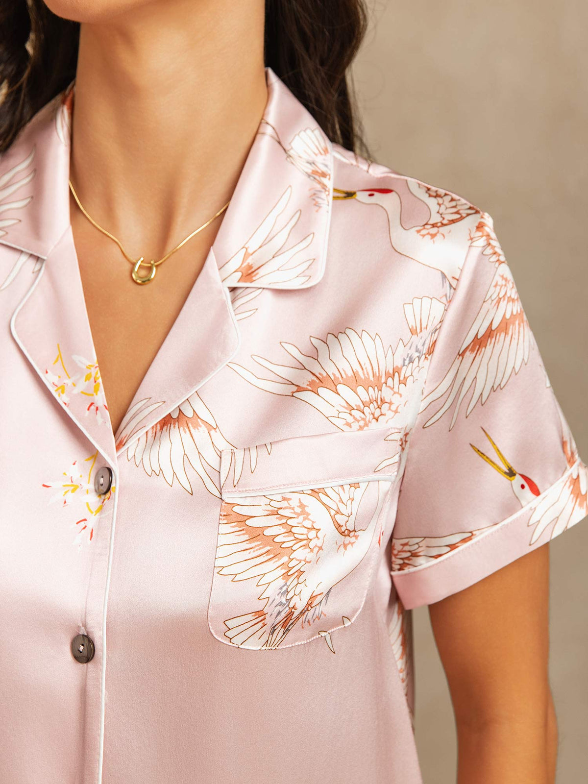 19Momme Women's Pure Silk Crane Print Short Sleeve Notch Collar Pyjamas Set