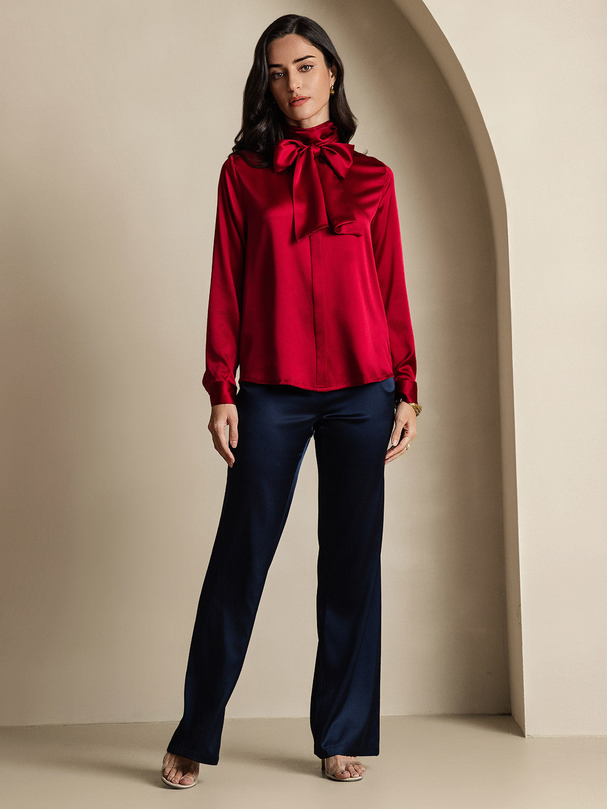 19Momme Silk Long Sleeve High Neck Bow Tie Blouse