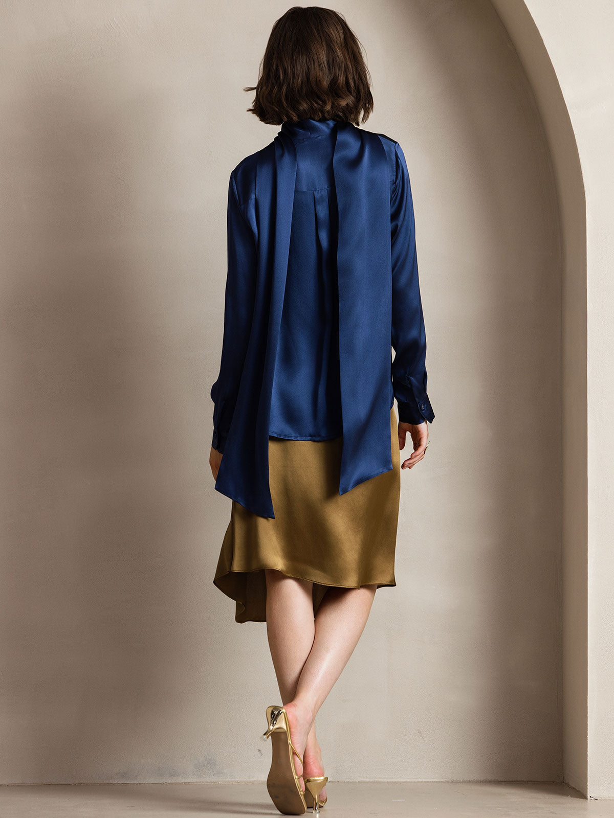 19Momme Silk Long Sleeve High Neck Bow Tie Blouse