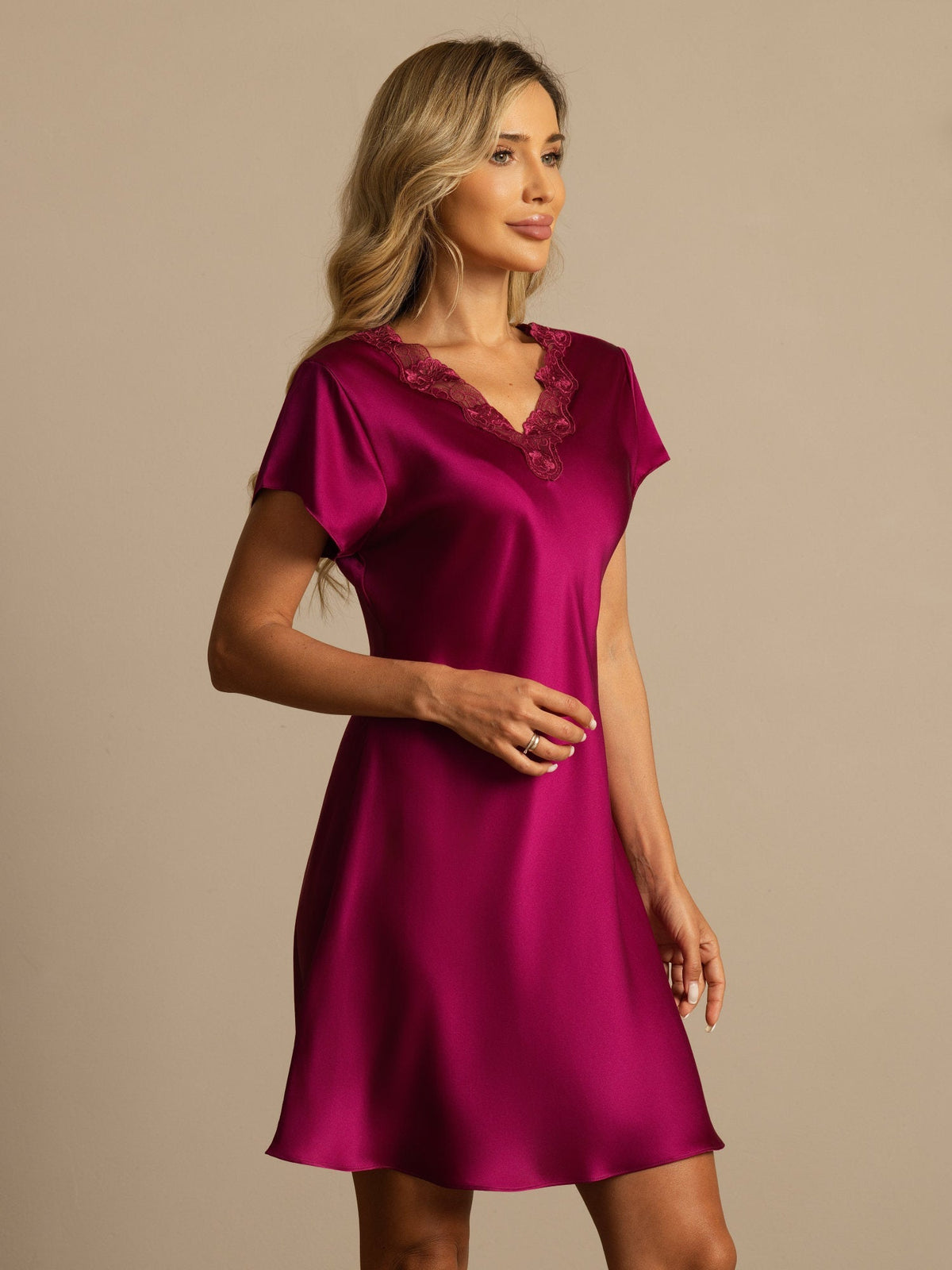 Pure Silk Short Sleeve V-neck Short Nightdress with Lace Split Design