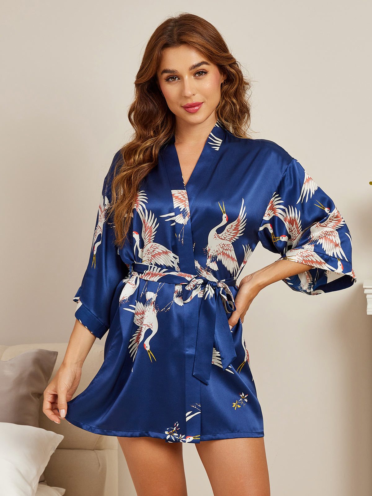 19Momme Pure Silk Crane Print 3/4 Sleeve Short Women's Kimono Robe