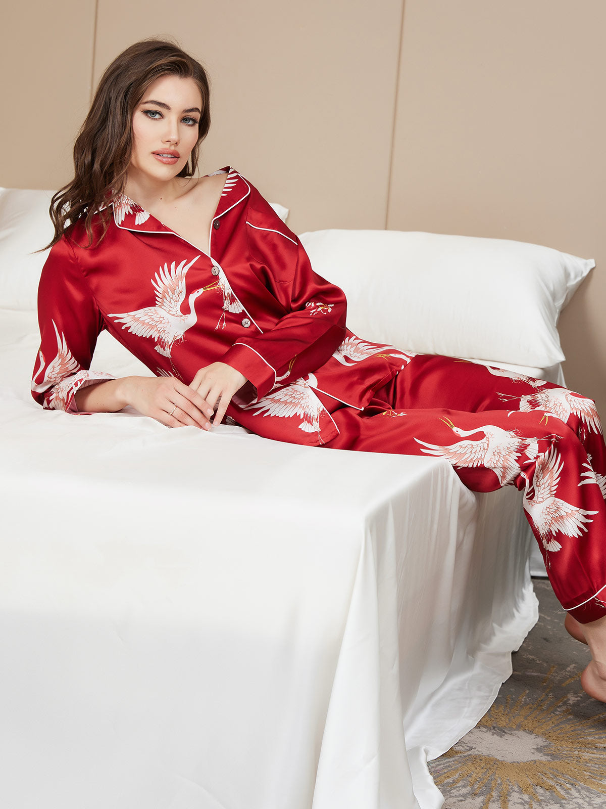 19Momme Women's Pure Silk Crane Print Long Sleeve Pyjamas Set
