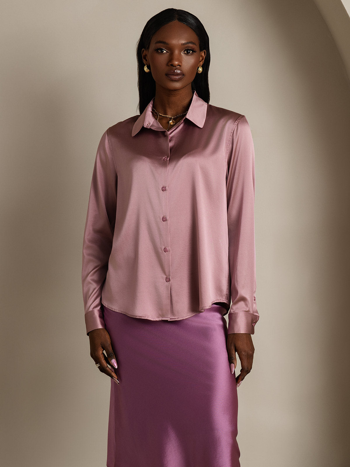 19Momme Silk Long Sleeve Lapel Collar Women's Shirt with Button Up Design