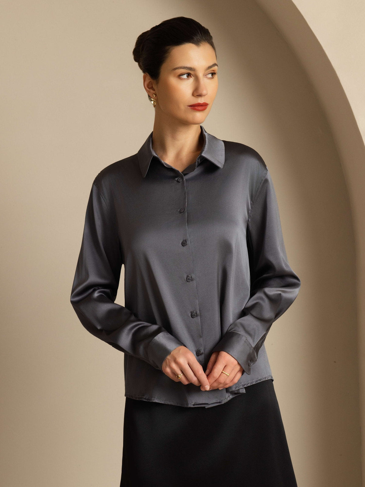 19Momme Silk Long Sleeve Lapel Collar Women's Shirt