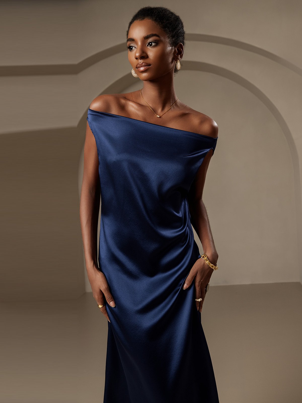 19Momme Silk Sleeveless Cowl Neck Knee Dress