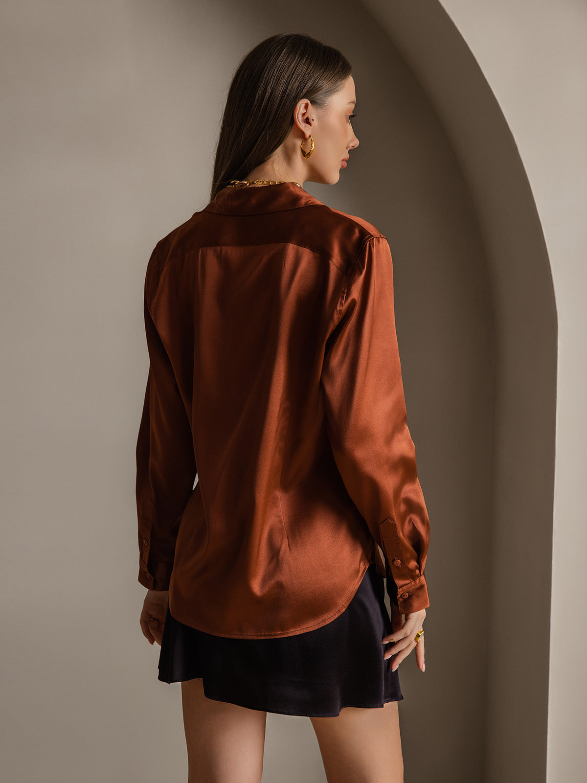 19Momme Silk Long Sleeve Lapel Collar Women's Shirt with Button Up Design