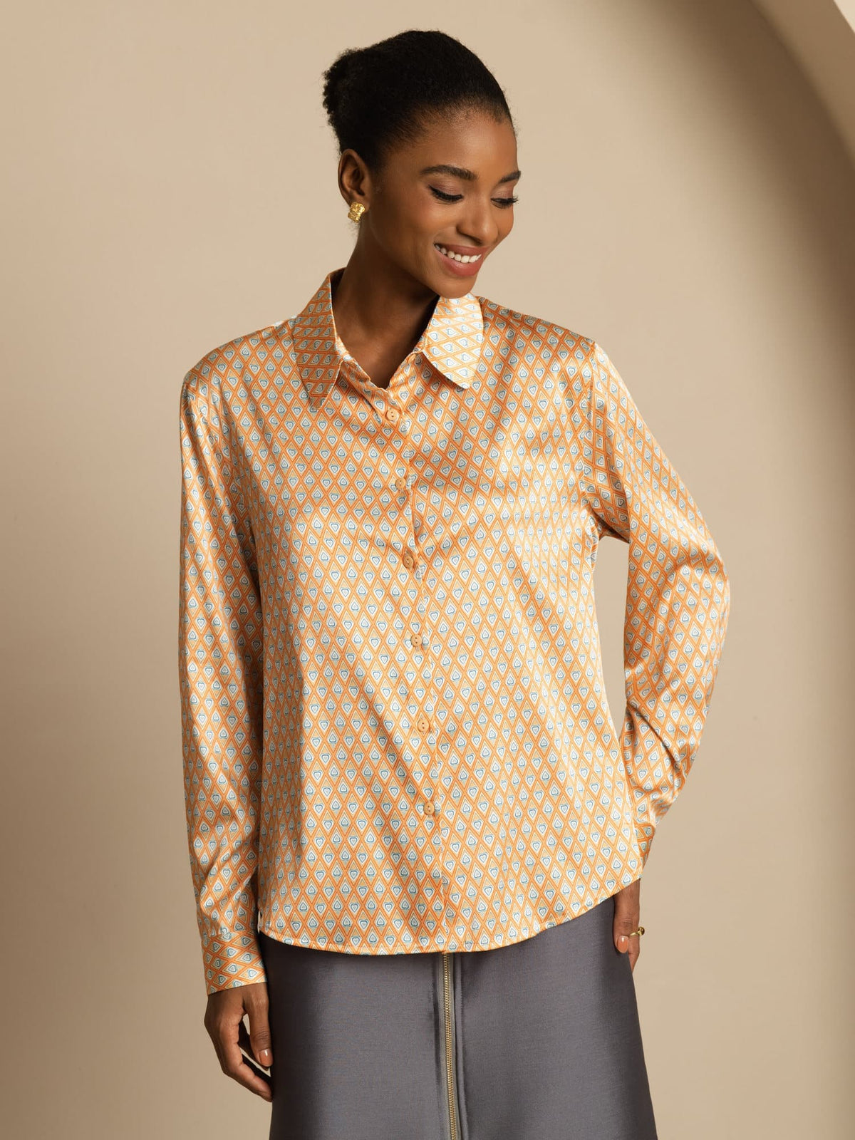 19Momme Silk Geometric Print Long Sleeve Lapel Collar Women's Shirt