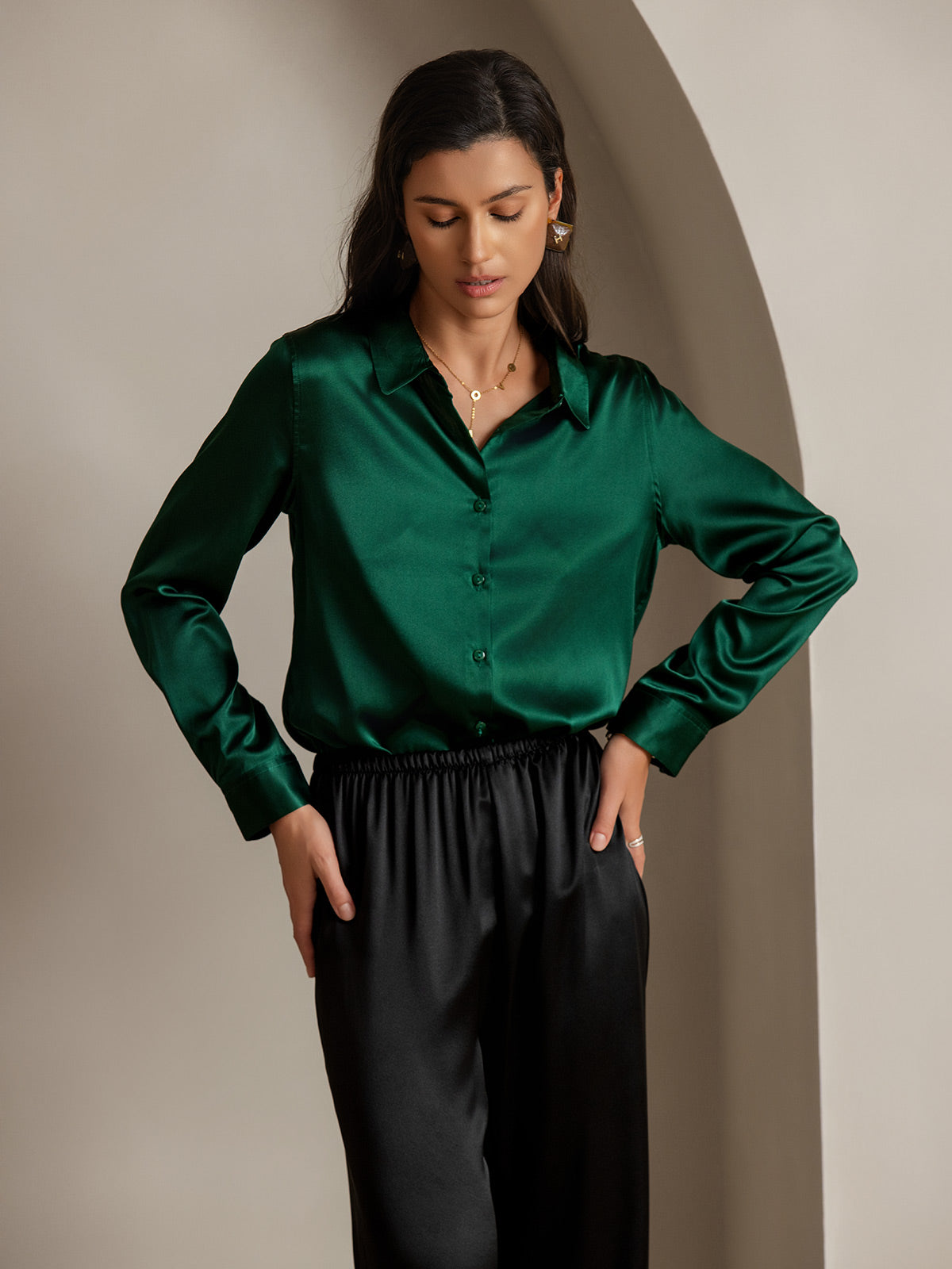 19Momme Silk Long Sleeve Lapel Collar Women's Shirt with Button Up Design