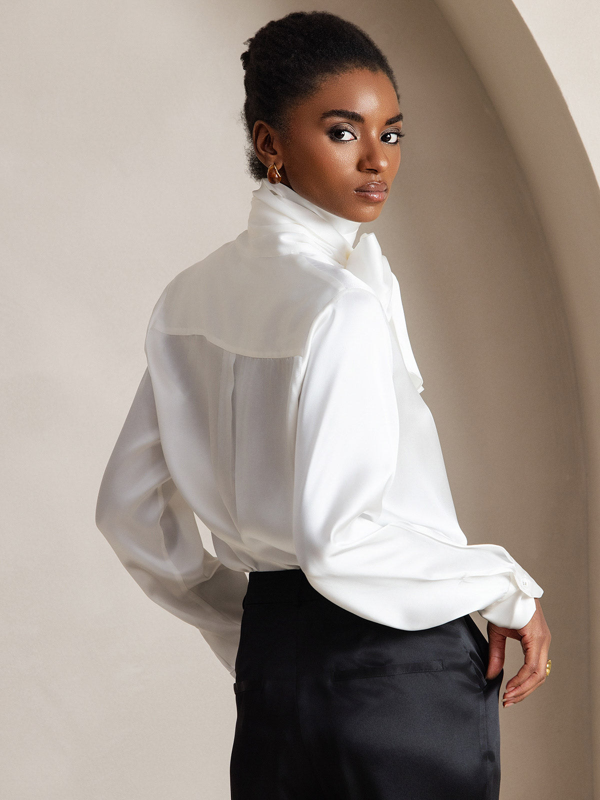 19Momme Silk Long Sleeve High Neck Bow Tie Blouse