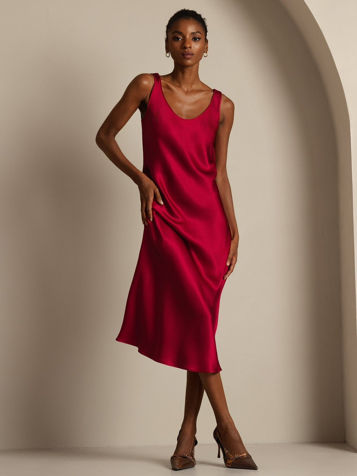 Pure Silk Sleeveless U Neck Midi Dress