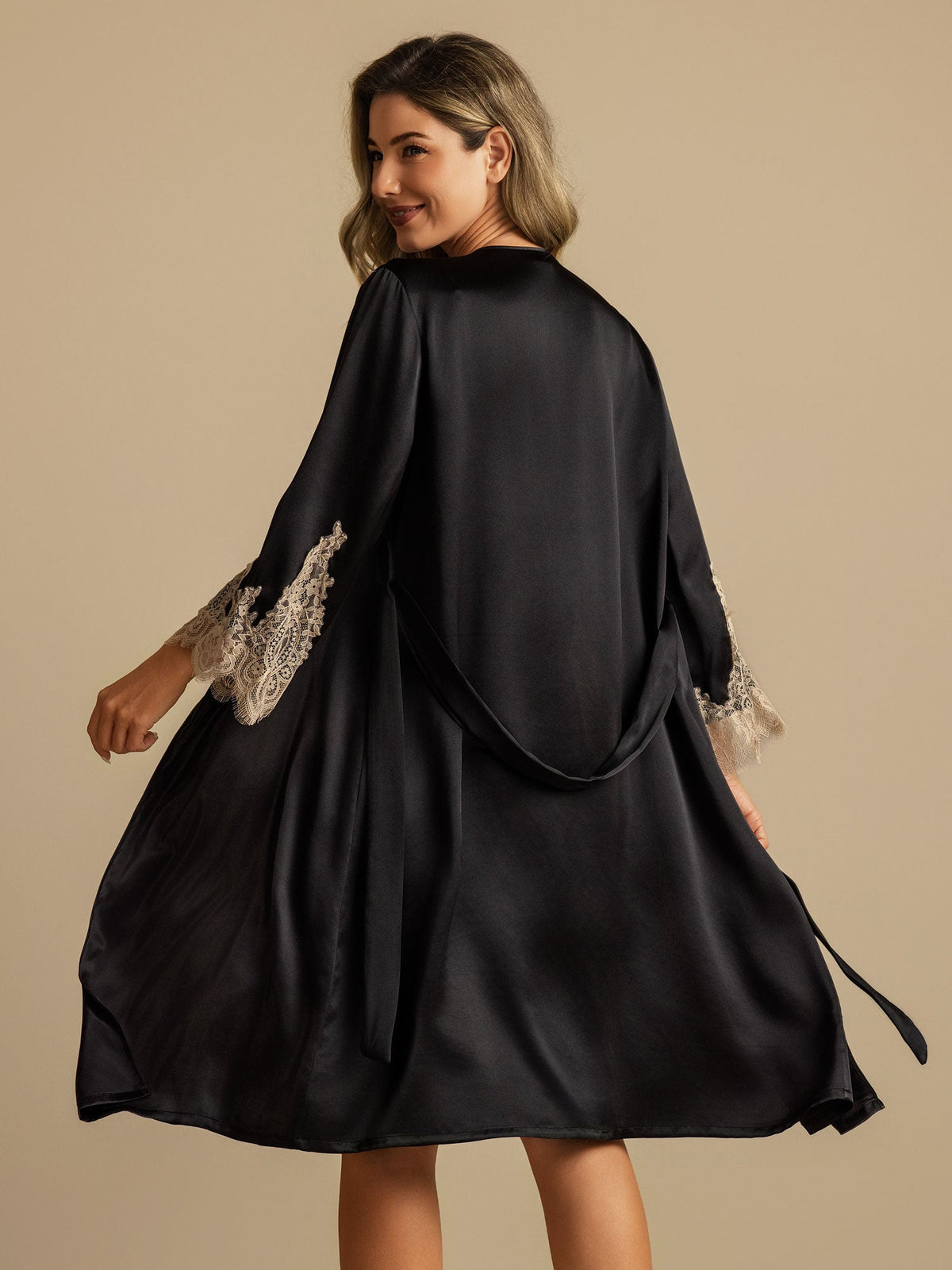 Pure Silk V Neck Short Nightdress&Dressing Gown Set with Lace Design