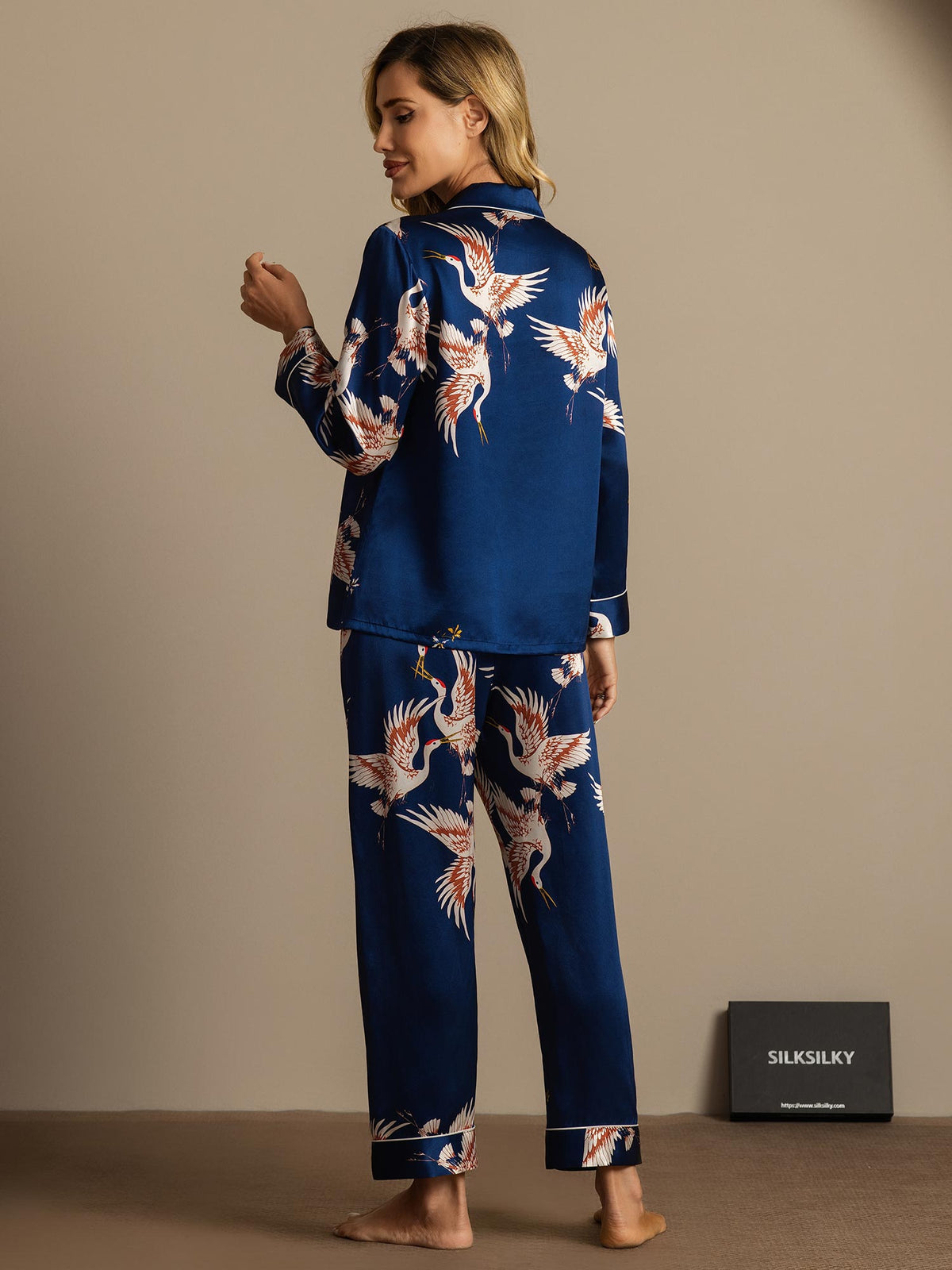 19Momme Women's Pure Silk Crane Print Long Sleeve Notch Collar Pyjamas Set