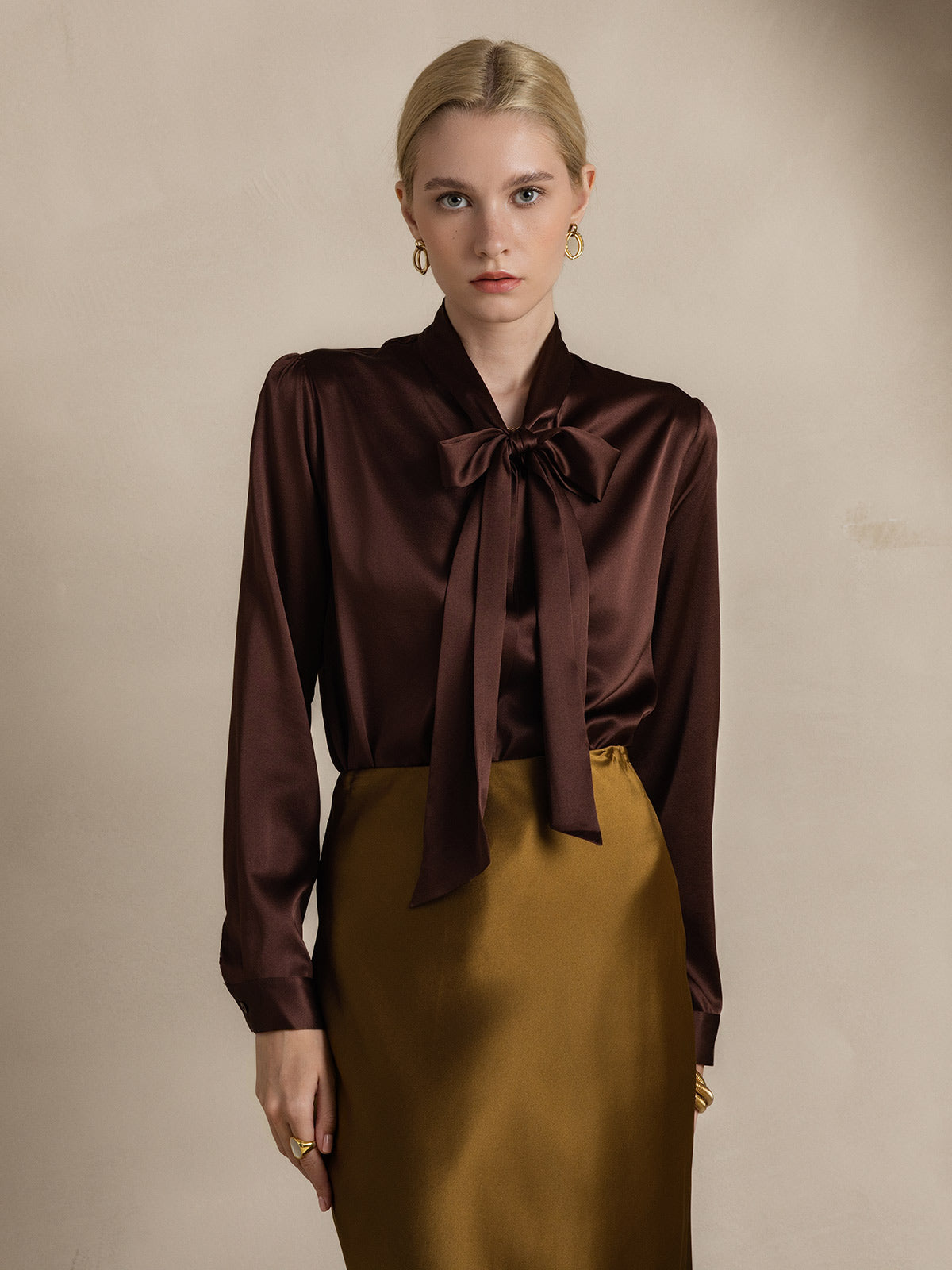 19Momme Silk Long Sleeve Tie Neck Blouse