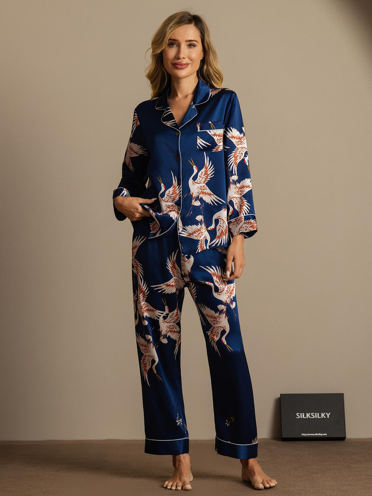19Momme Women's Pure Silk Crane Print Long Sleeve Notch Collar Pyjamas Set