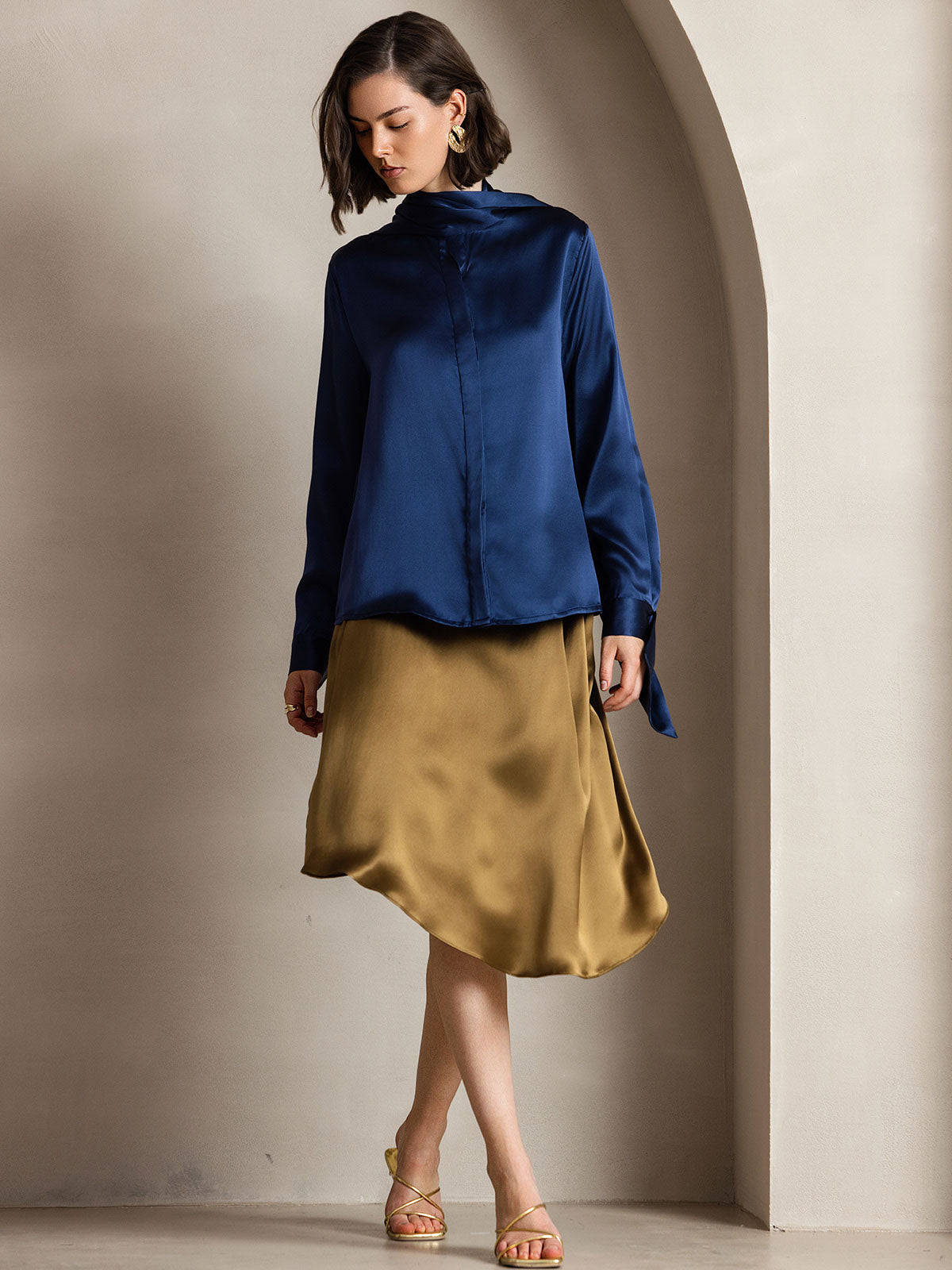 19Momme Silk Long Sleeve High Neck Bow Tie Blouse
