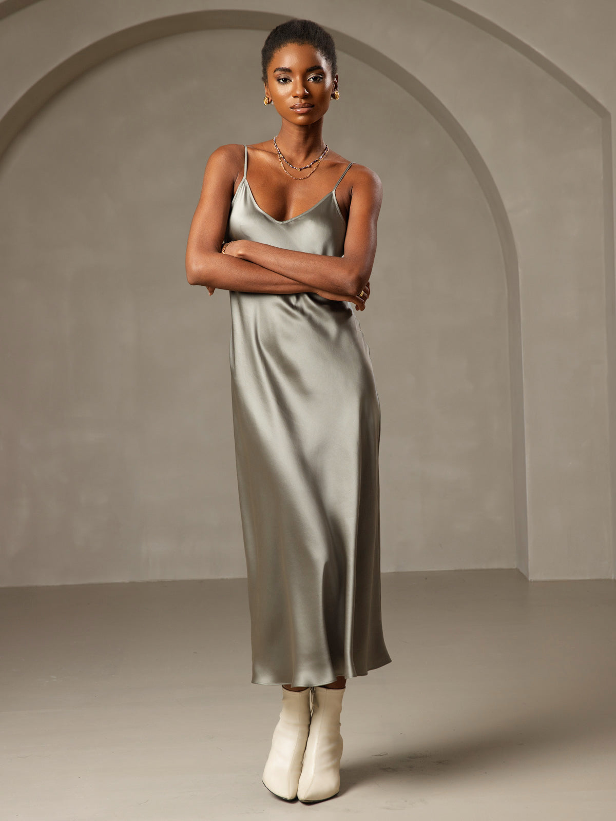 Pure Silk Spaghetti Strap V Neck Midi Dress