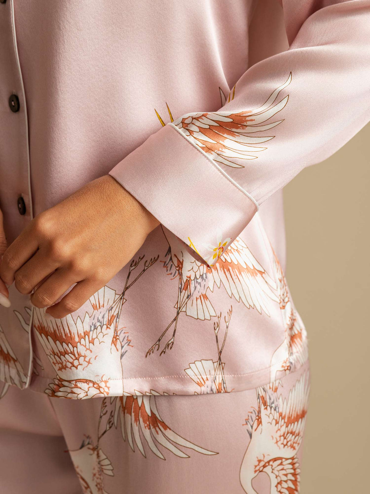 19Momme Women's Pure Silk Crane Print Long Sleeve Notch Collar Pyjamas Set