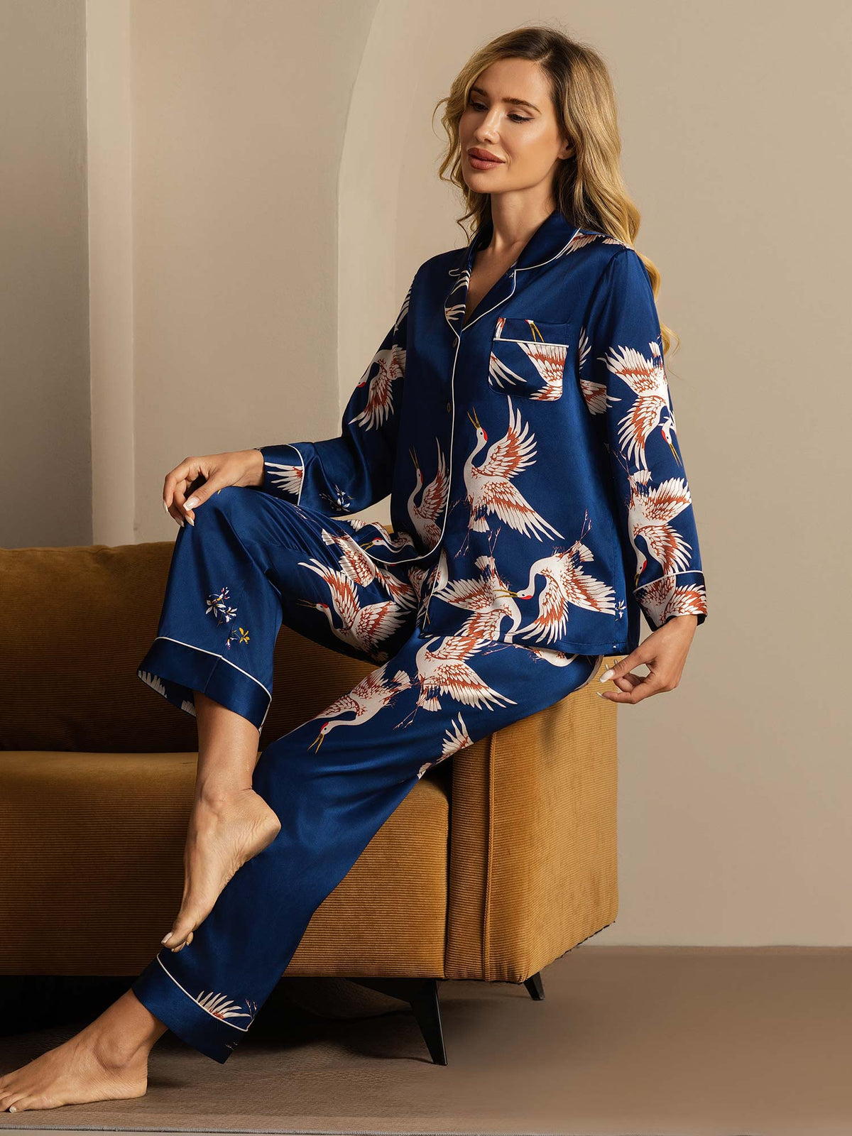 19Momme Women's Pure Silk Crane Print Long Sleeve Notch Collar Pyjamas Set