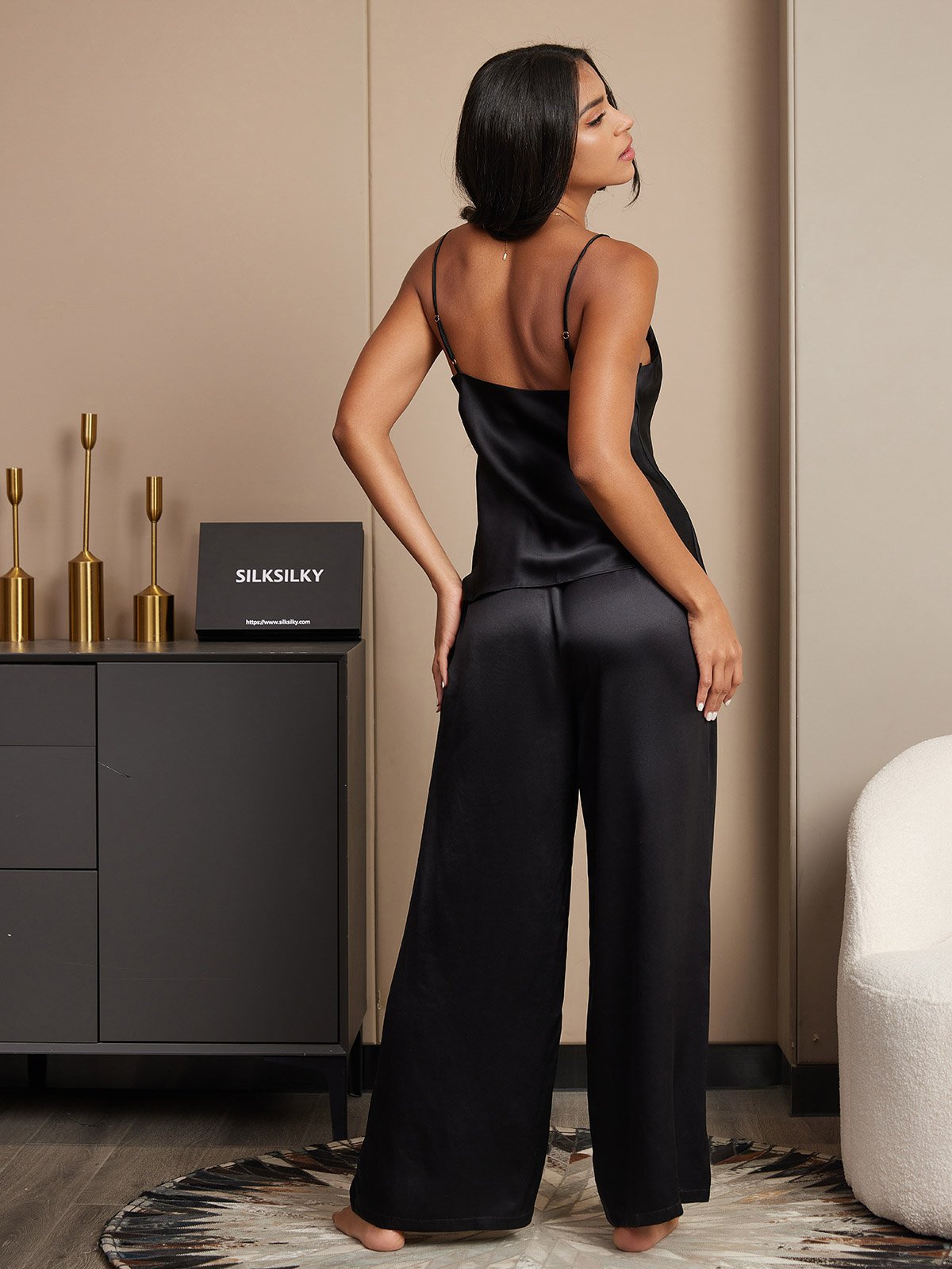 Pure Silk Spaghetti Strap V Neck Cami & Wide Leg Pants Set