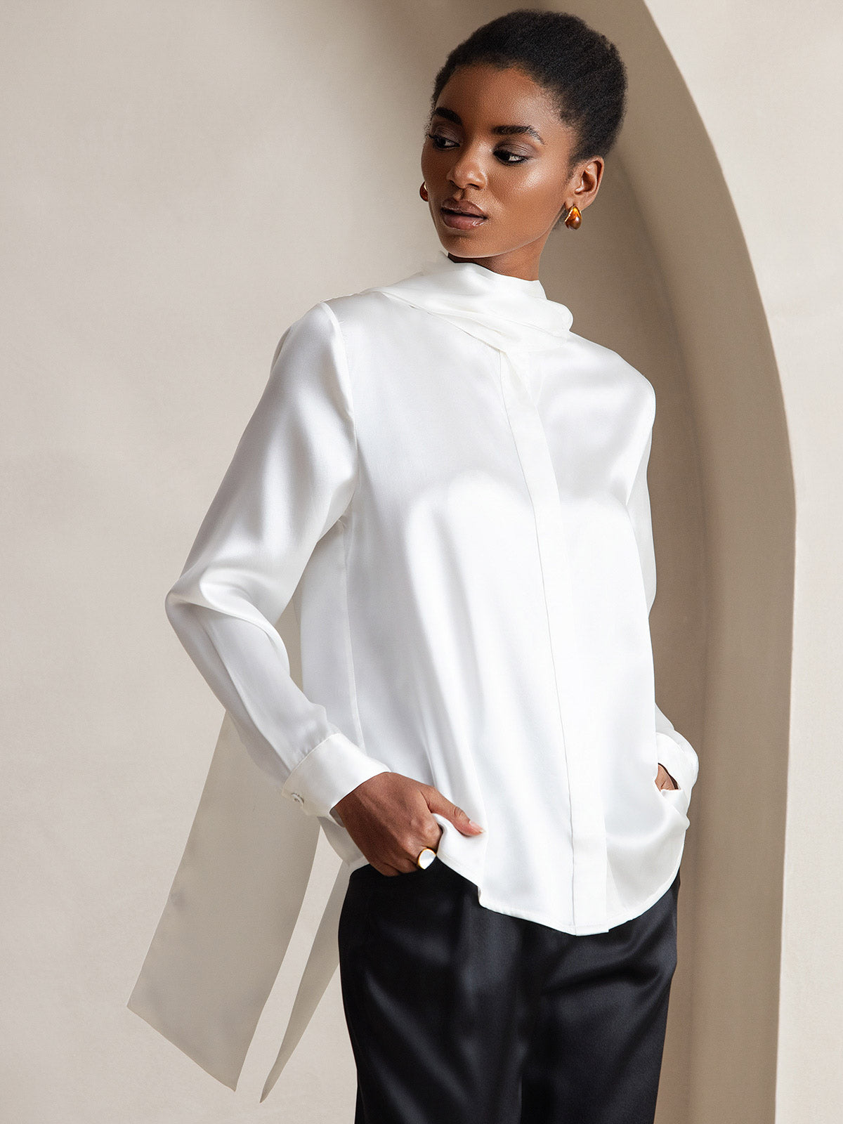 19Momme Silk Long Sleeve High Neck Bow Tie Blouse