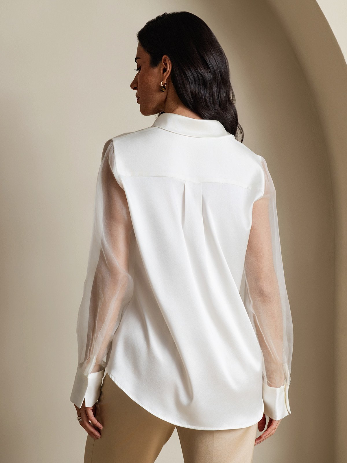 Women's 19Momme Silk Sheer Sleeve Lapel Collar Shirt