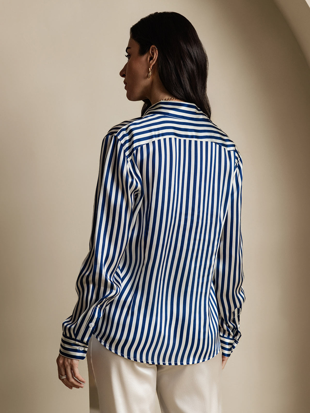 19Momme Silk Stripe Print Long Sleeve Lapel Collar Women's Shirt