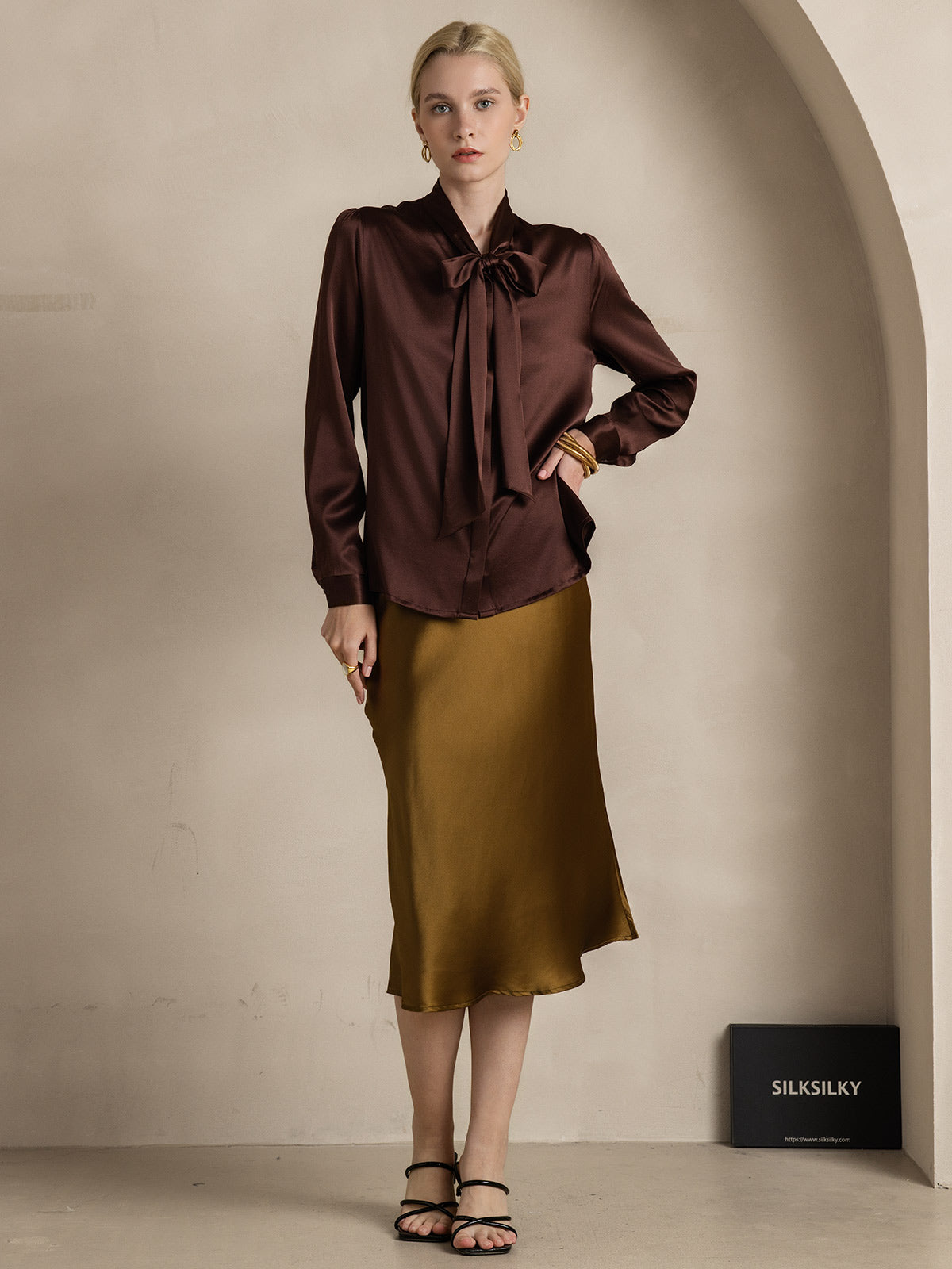 19Momme Silk Long Sleeve Tie Neck Blouse