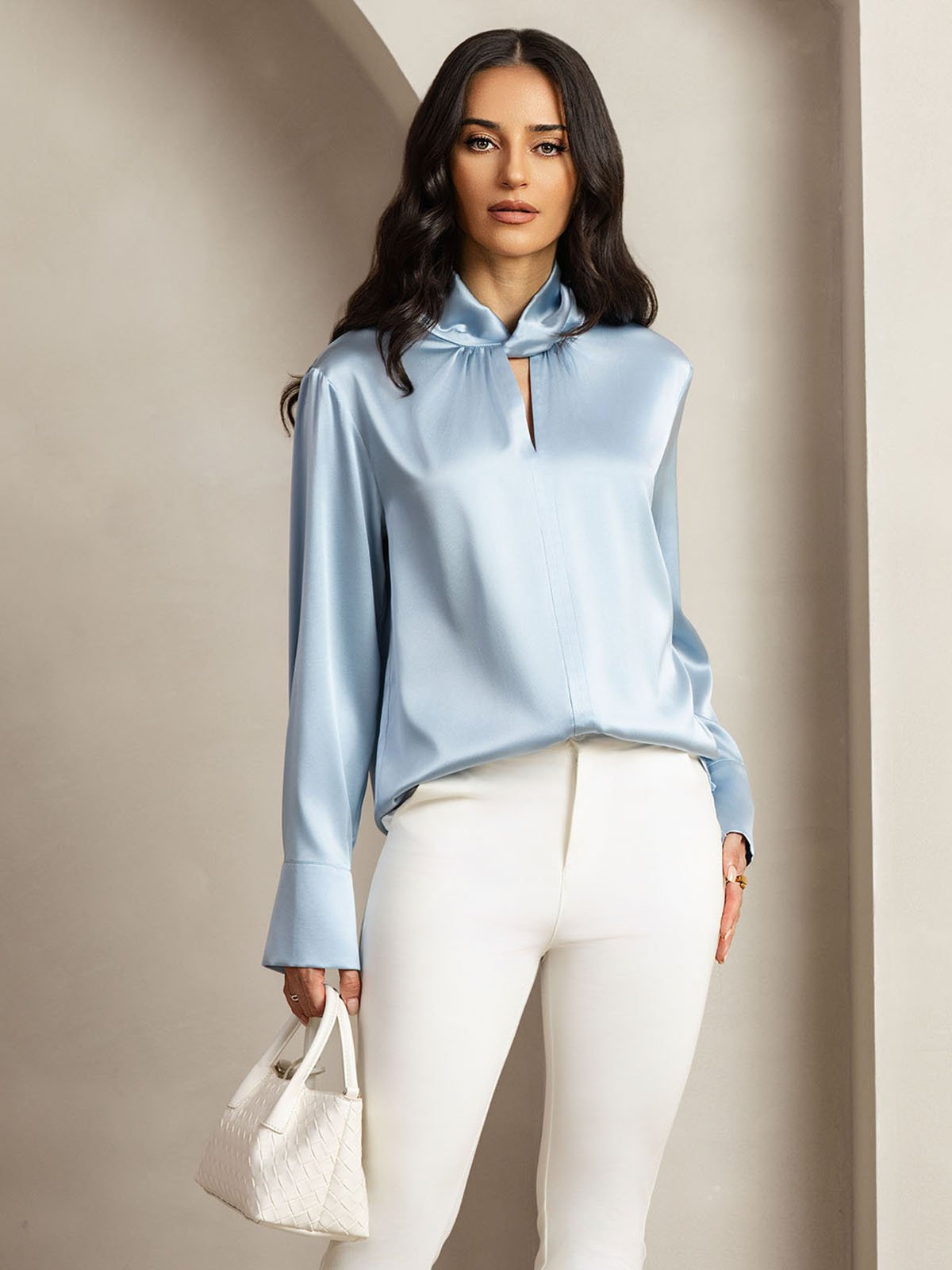 19Momme Silk Keyhole Neck Blouse with Pearl Buttons