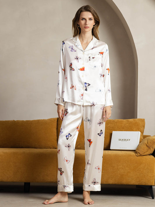 Women's Pure Silk White Butterfly Print Long Sleeve Notch Collar Pajamas Set