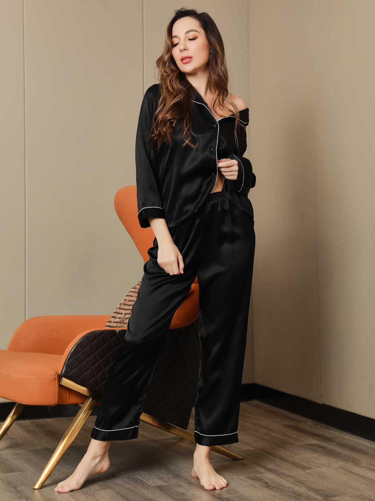Women's Pure Silk Long Sleeve Notch Collar Pyjamas Set