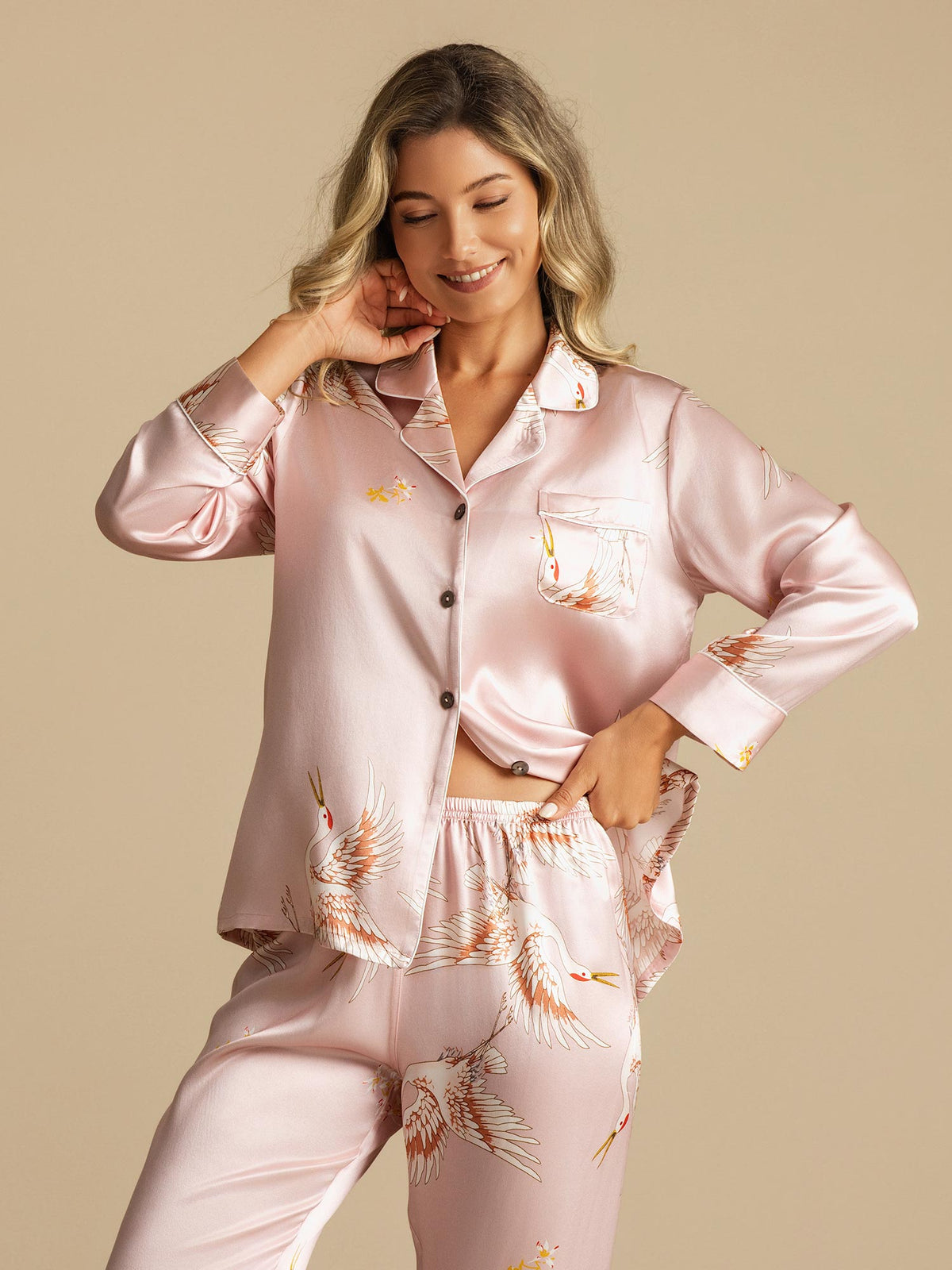 19Momme Pure Silk Crane Print Women's Long Sleeve Notch Collar Pyjamas Set