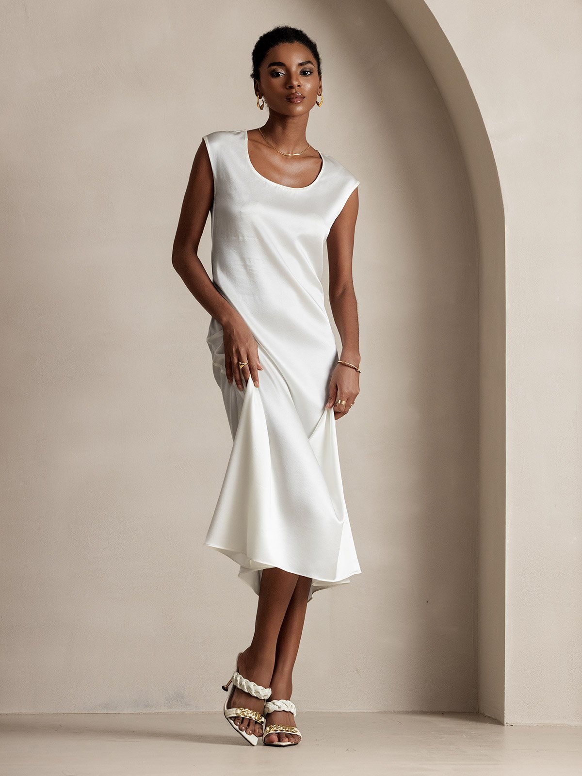 19Momme Silk Cap Sleeve Round Neck Midi Dress