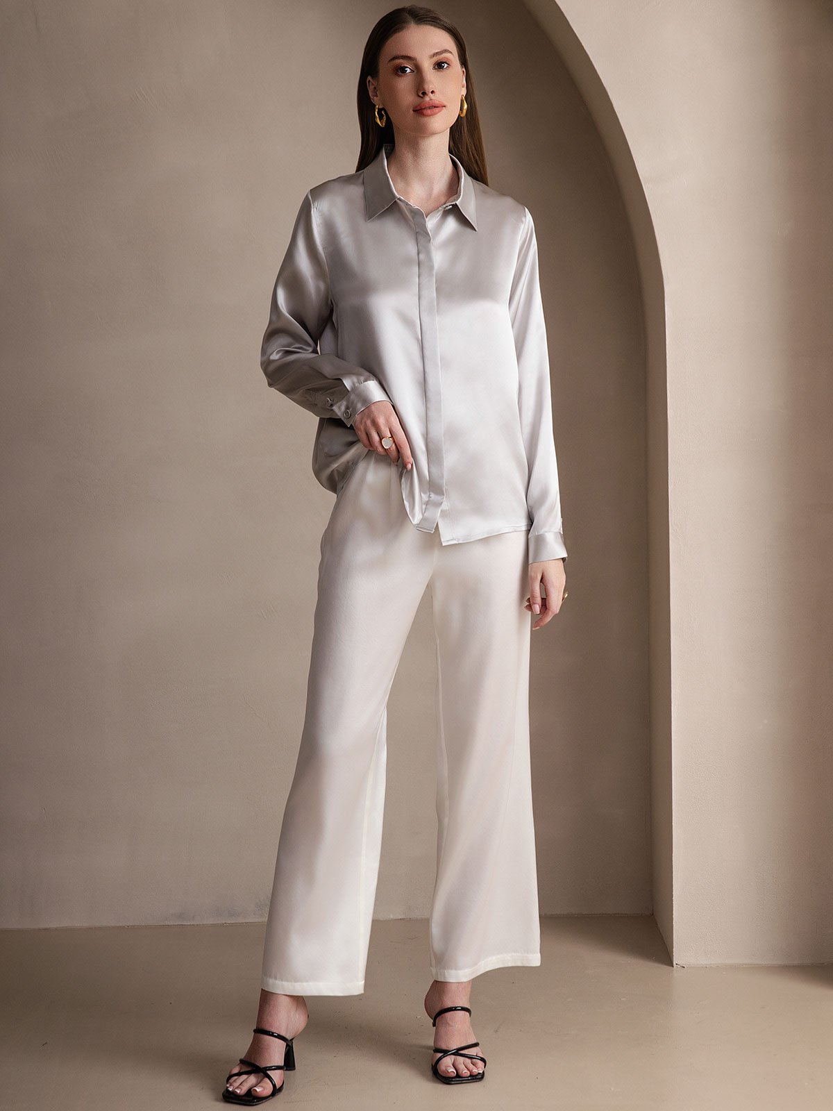 19Momme Silk Long Sleeve Lapel Collar Women's Shirt