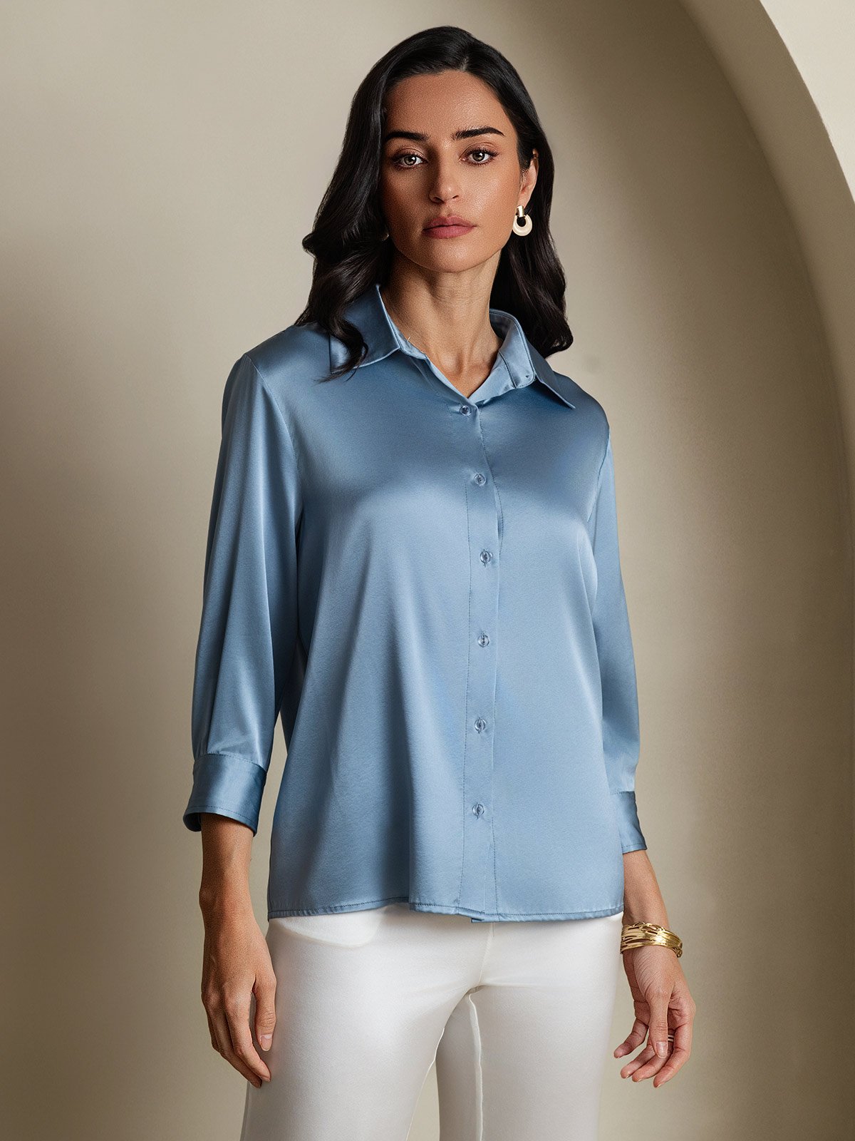 19Momme Silk 3/4 Sleeve Lapel Collar Women's Shirt with Button Up Design