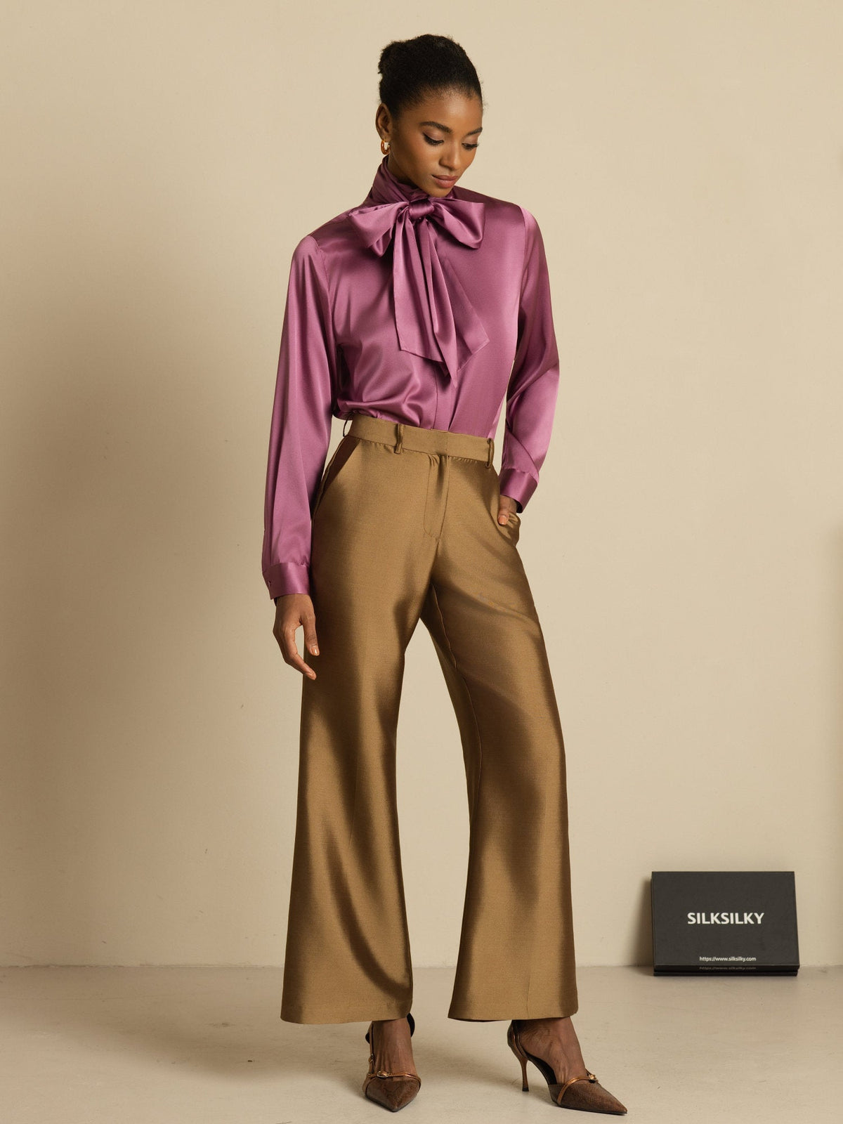 19Momme Silk Long Sleeve High Neck Bow Tie Blouse