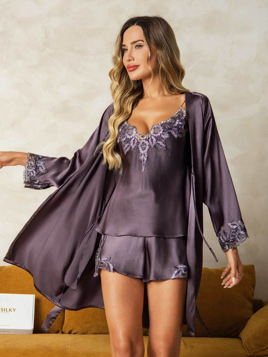 Elegant Pure Silk Lace Trimmed Robe and Camisole Set 3Pcs
