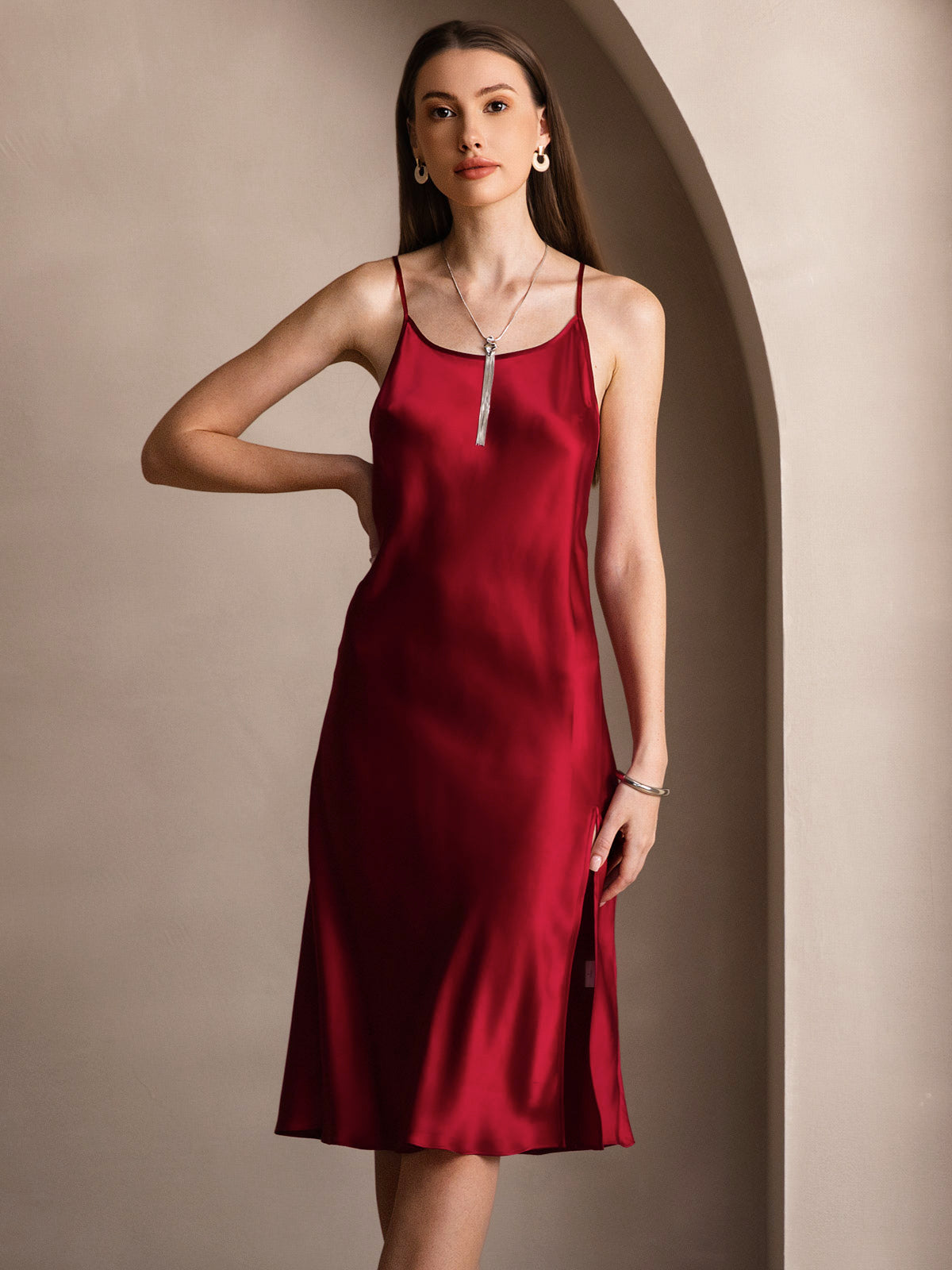 Pure Silk Spaghetti Strap U Neck Knee Dress with Split Criss Cross V-Back Design