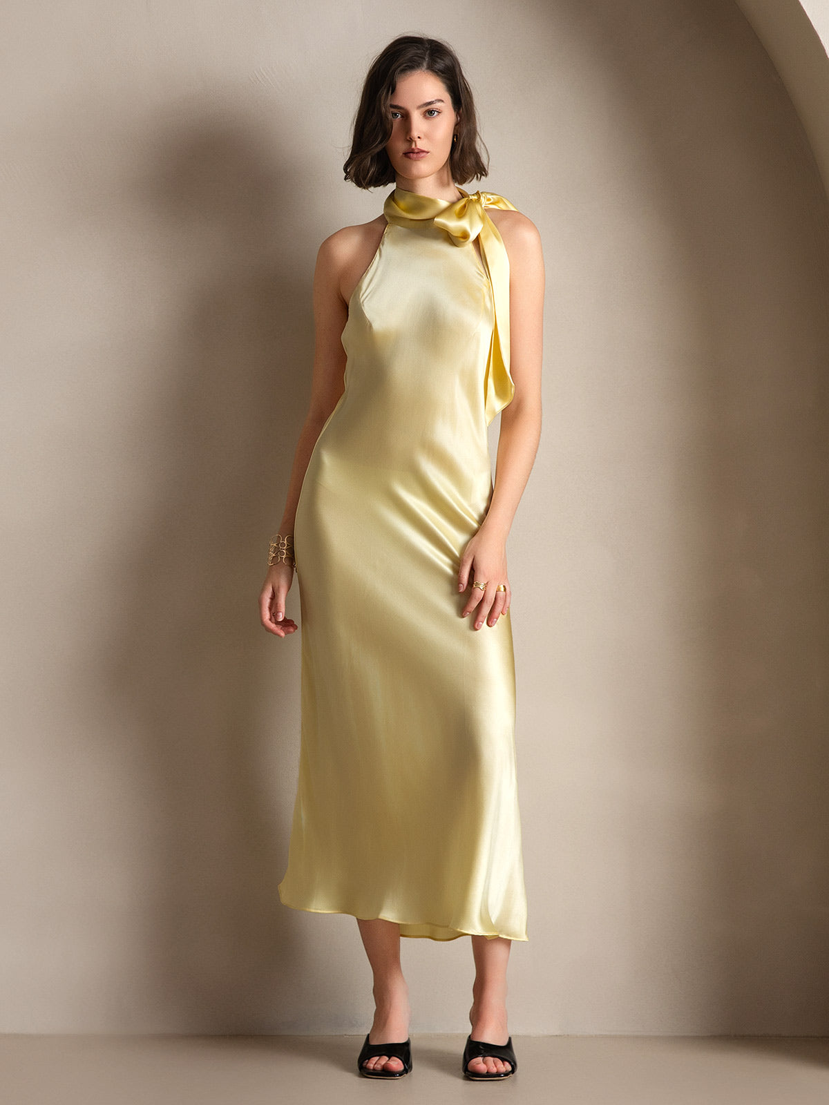 19Momme Silk Sleeveless Tie Neck Midi Dress