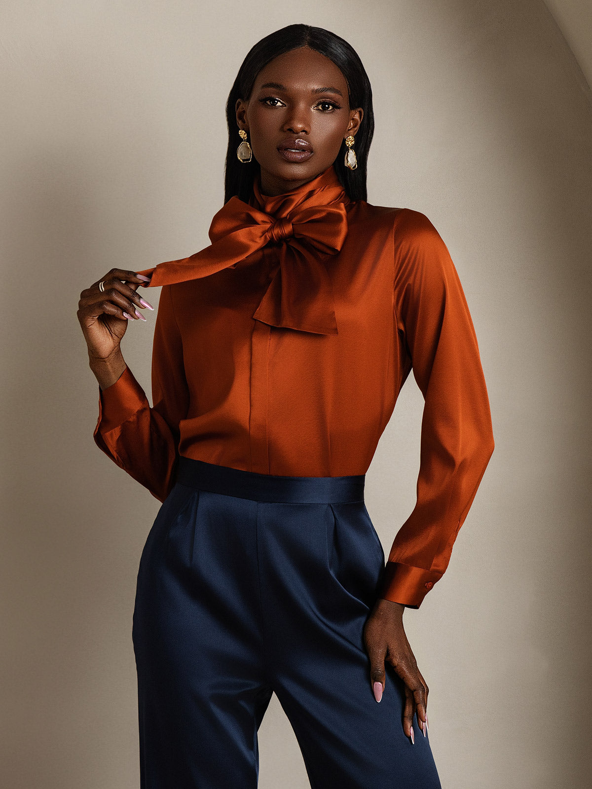 19Momme Silk Long Sleeve High Neck Bow Tie Blouse