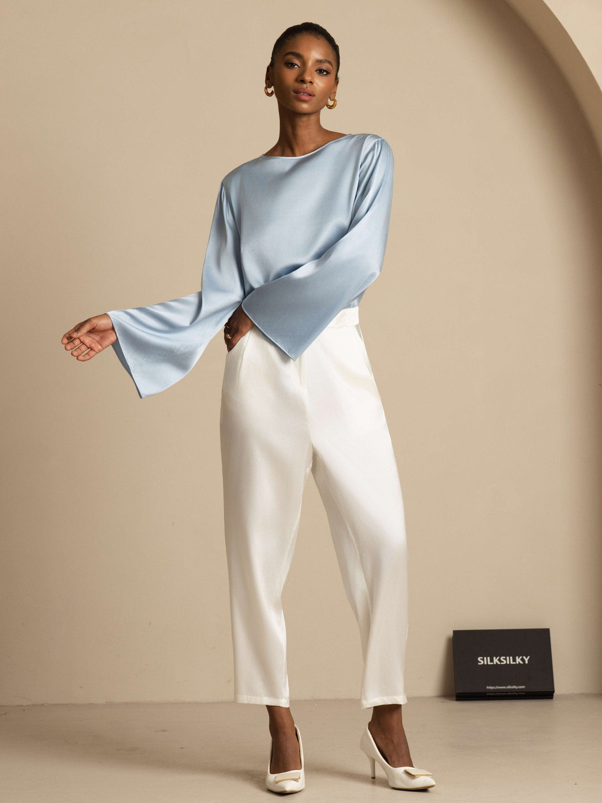 19Momme Silk Bell Sleeve Boat Neck Women's Top