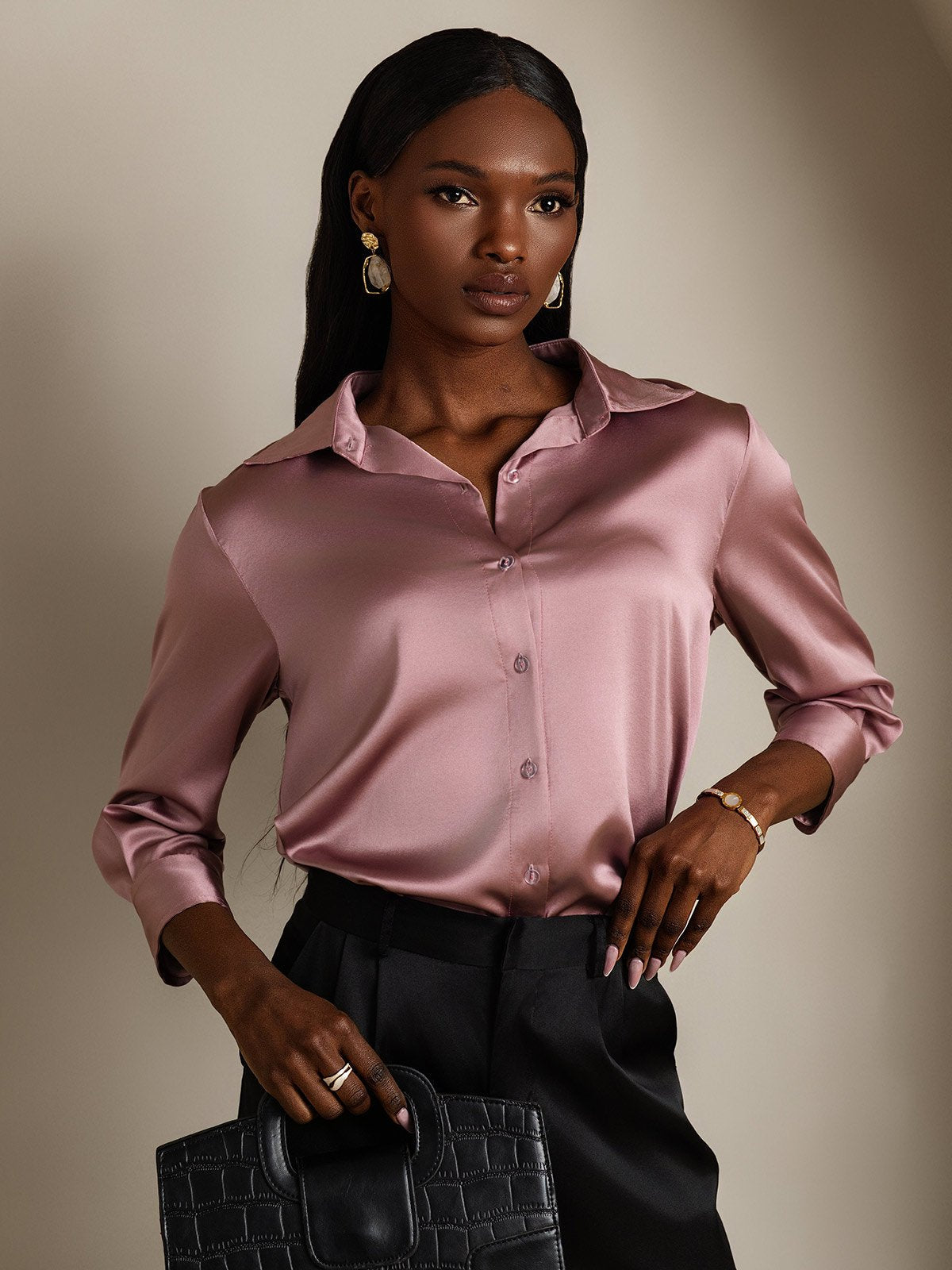 19Momme Silk 3/4 Sleeve Lapel Collar Women's Shirt with Button Up Design