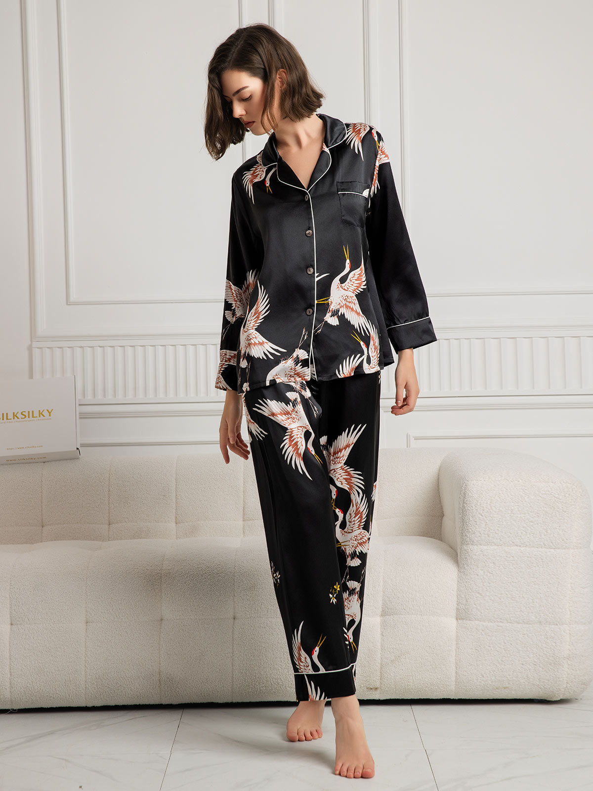 19Momme Pure Silk Crane Print Women's Long Sleeve Notch Collar Pyjamas Set