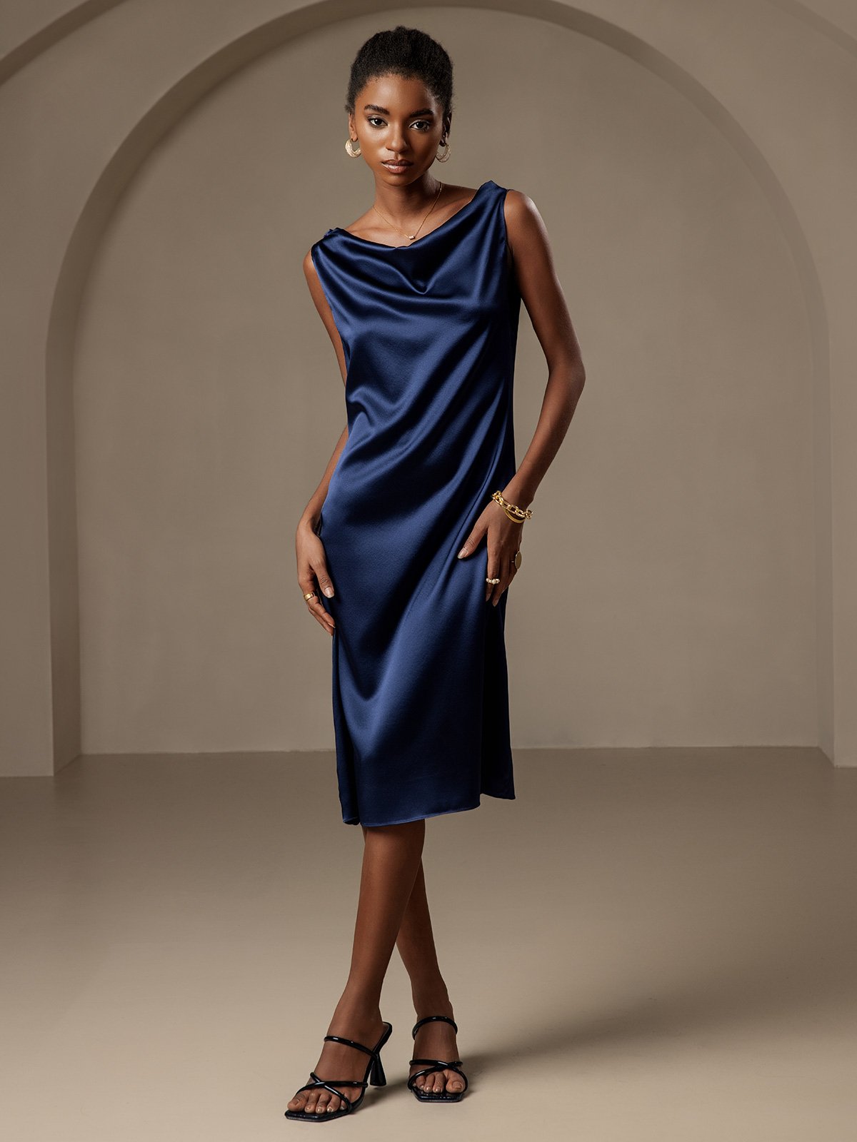 19Momme Silk Sleeveless Cowl Neck Knee Dress