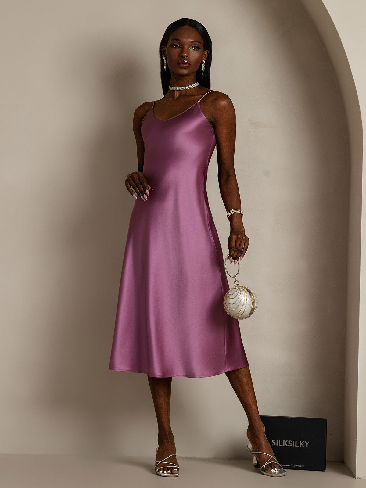 Pure Silk Spaghetti Strap V-neck Midi Nightdress