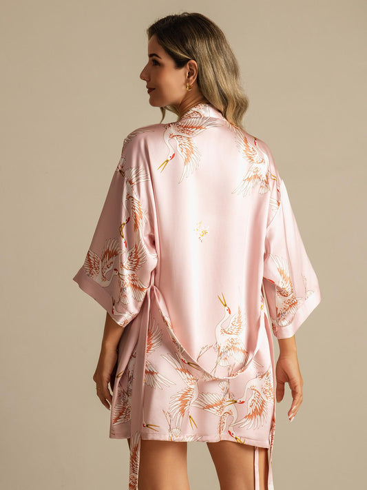 19Momme Pure Silk Crane Print 3/4 Sleeve Short Women's Kimono Robe with Wrap Design