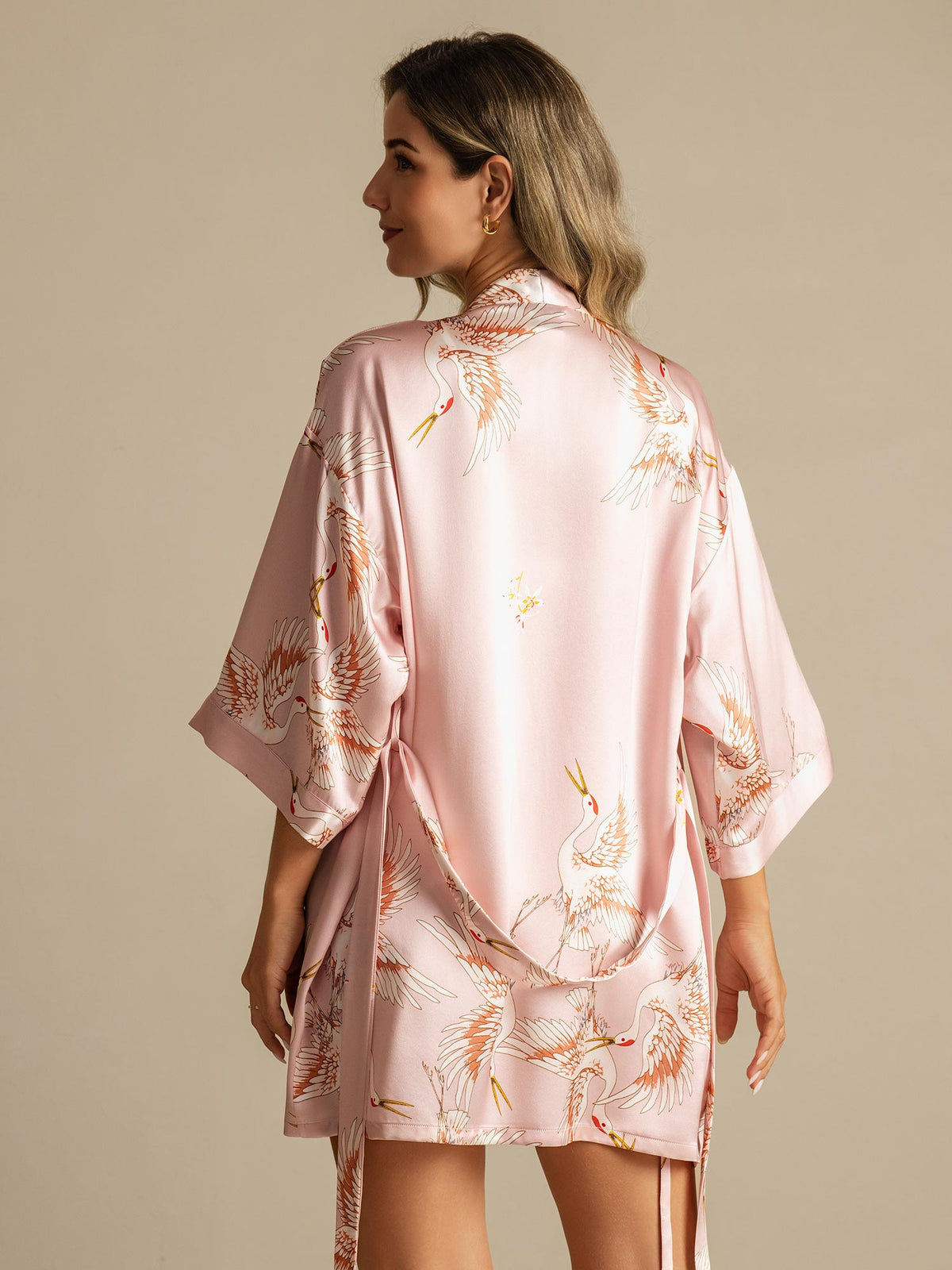 19Momme Pure Silk Crane Print 3/4 Sleeve Short Women's Kimono Robe