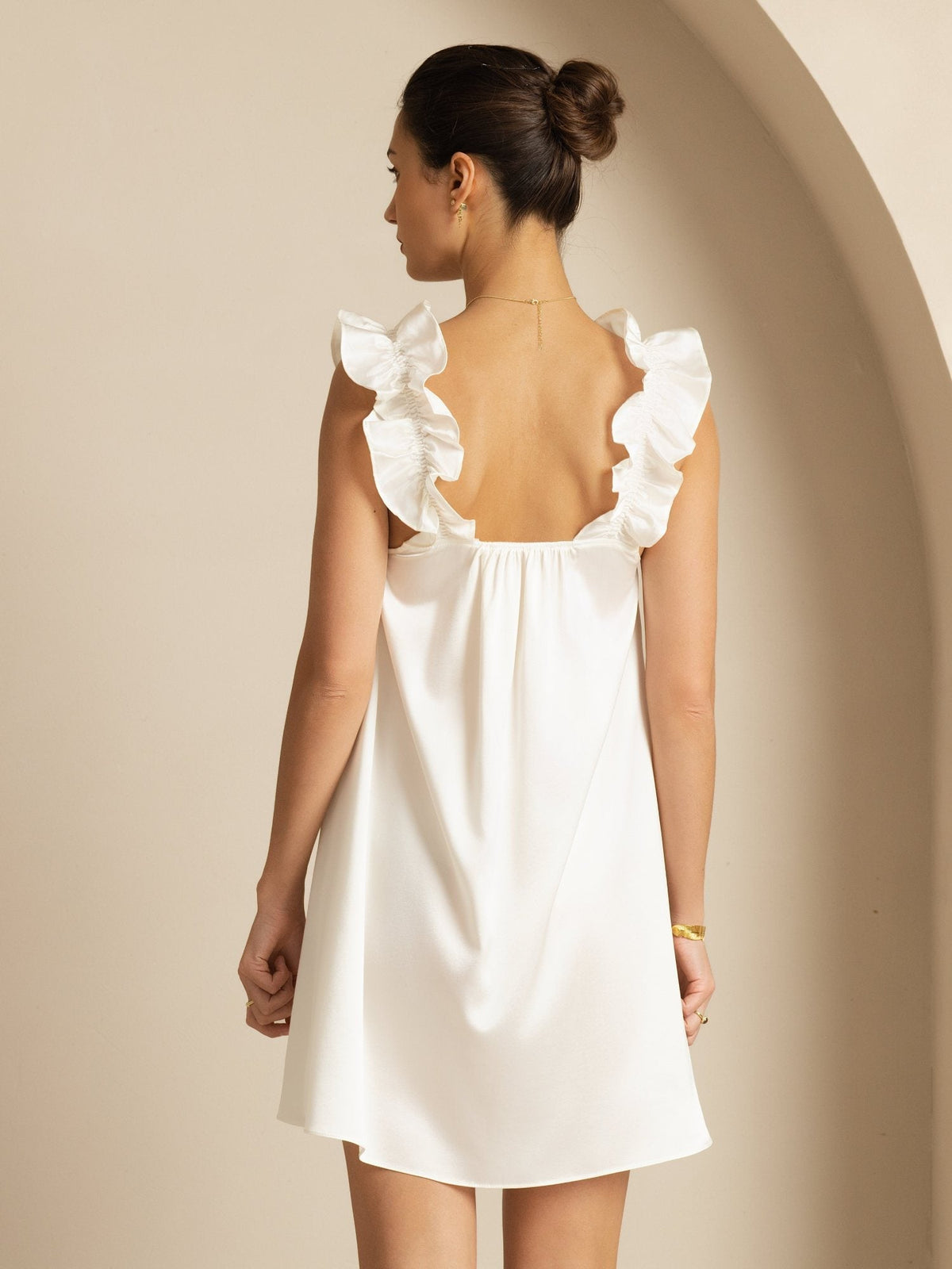 19Momme Silk Ruffle Strap Square Neck  Babydoll A-Line Short Dress